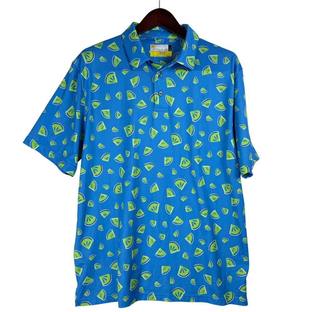 Jack Nicklaus Mens Blue Lime Citrus Fruit Print Eco‎ Choice Golf Polo Shirt L
